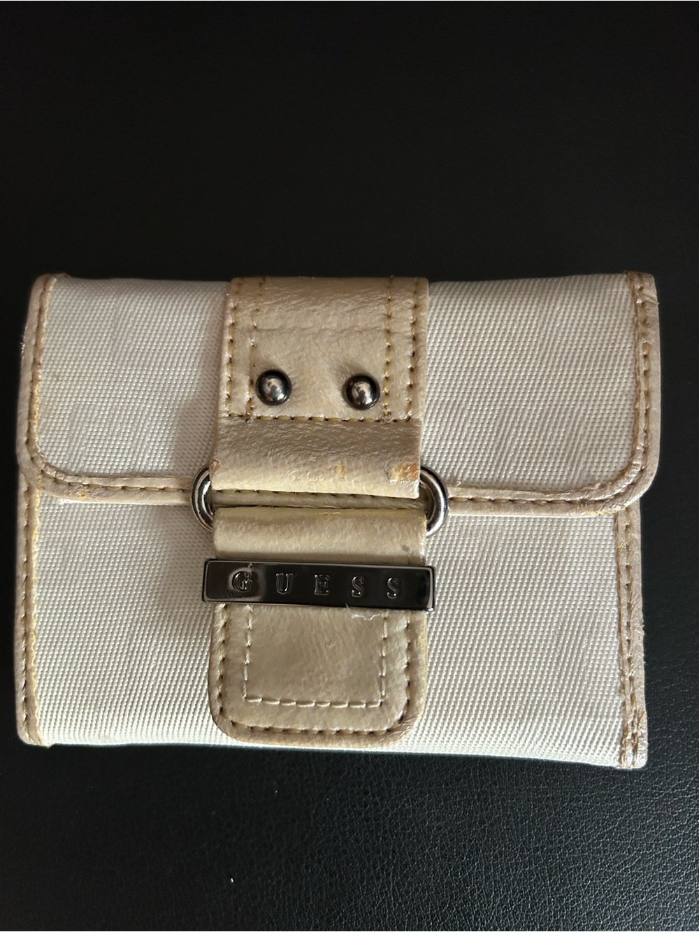 GUESS Small Cream Canvas Wallet with Buckle Closure